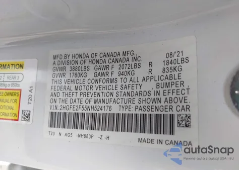 2022 Honda Civic Sport z USA, uszkodzony, nr VIN 2HGFE2F55NH524176